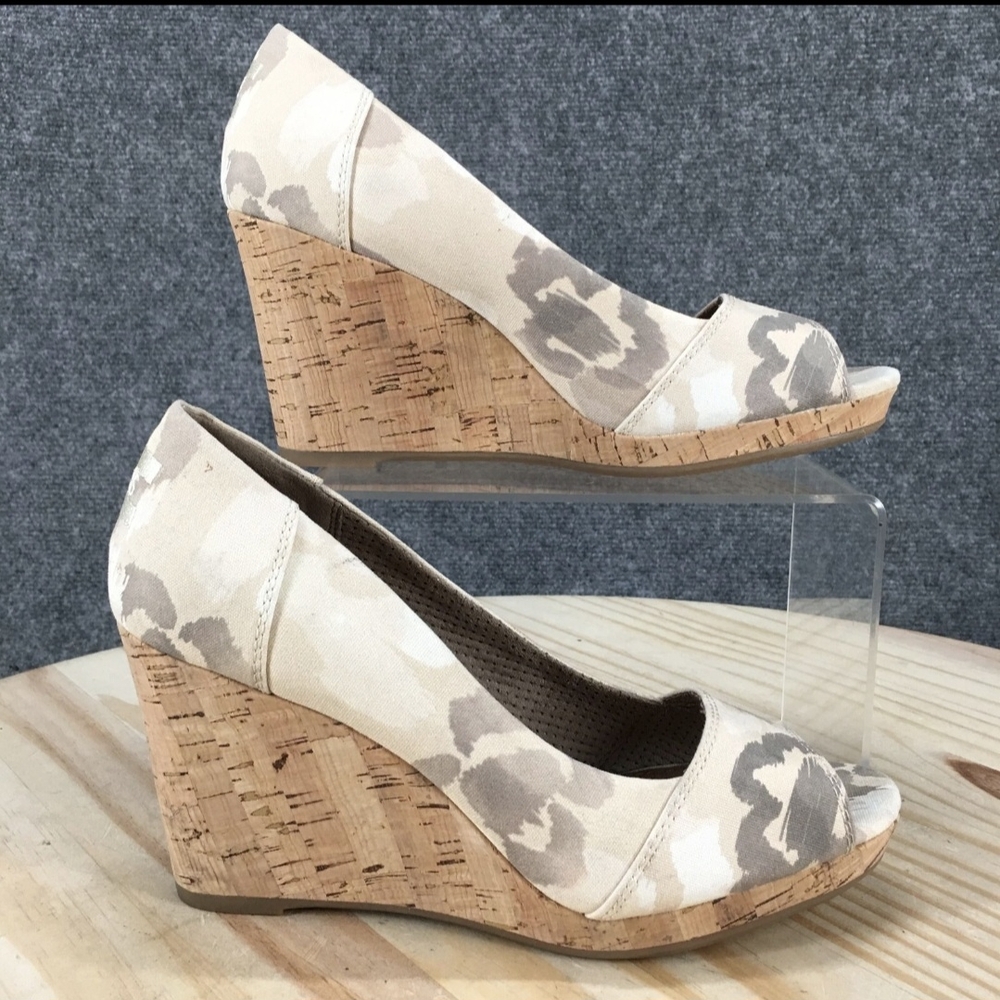 Toms Heels Womens 7 Open Toe Pumps Wedge Casual White Fabric Slip On